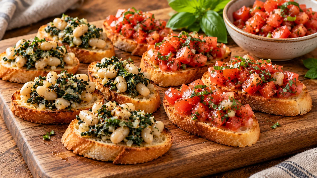 Crostini topped with Tuscan white beans and greens, and with tomato basil bruschetta