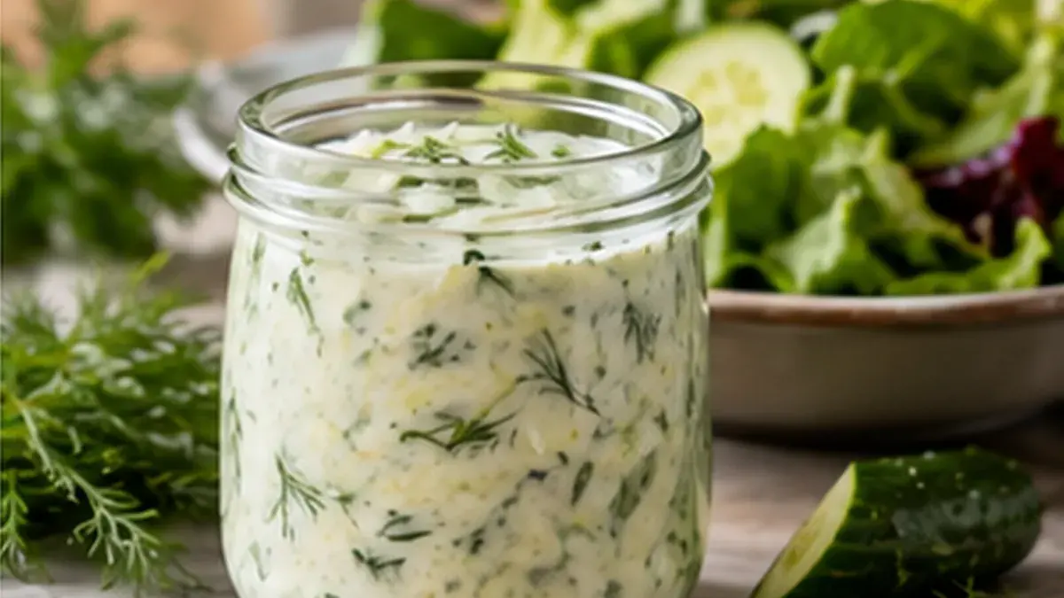 Jar of cucumber buttermilk dressing with dill beside a green salad