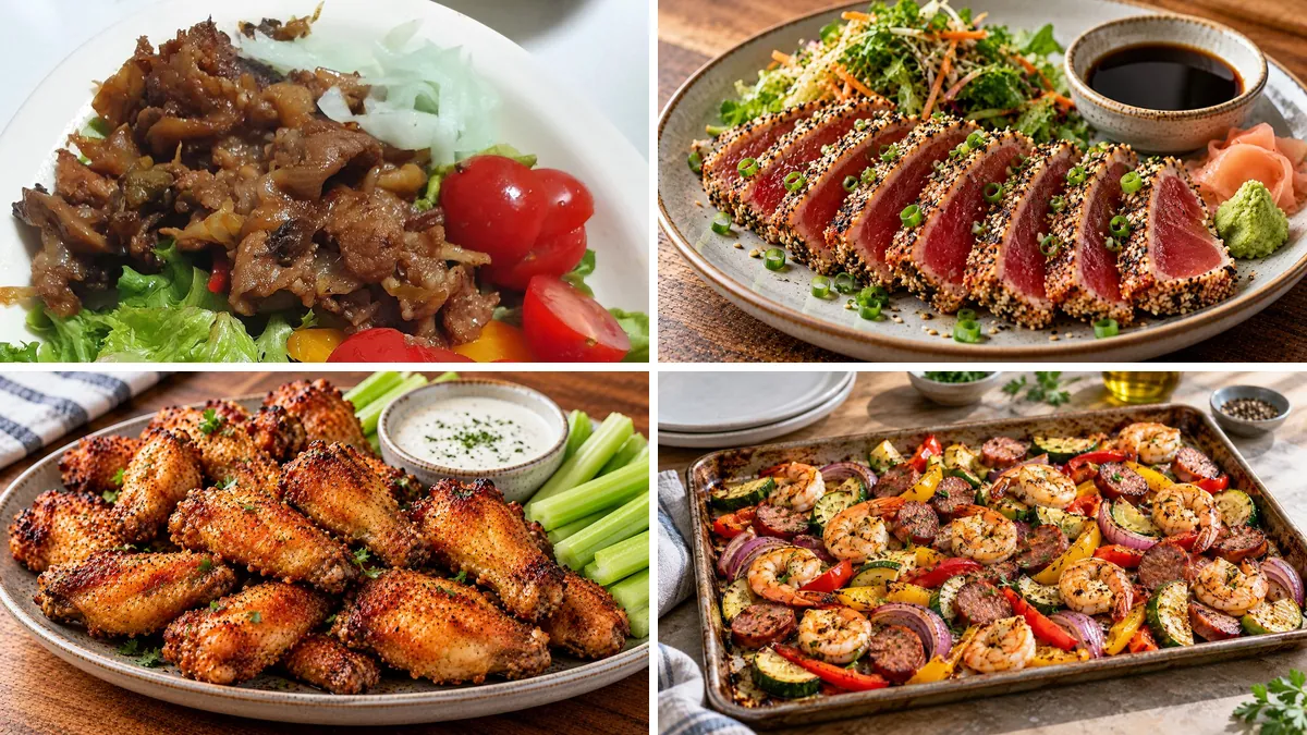 Collage of four Dairy-Free Recipes: Beef Bulgogi (Marinated Ribeye), Sesame Seared Ahi Tuna, Air Fryer Chicken Wings and Sheet Pan Shrimp with Sausage and Vegetables
