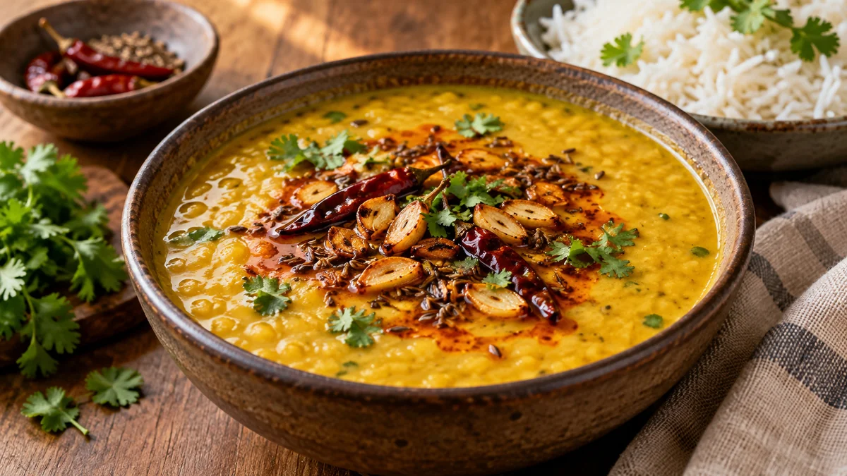 Dal tadka yellow lentils with tempered spices and cilantro