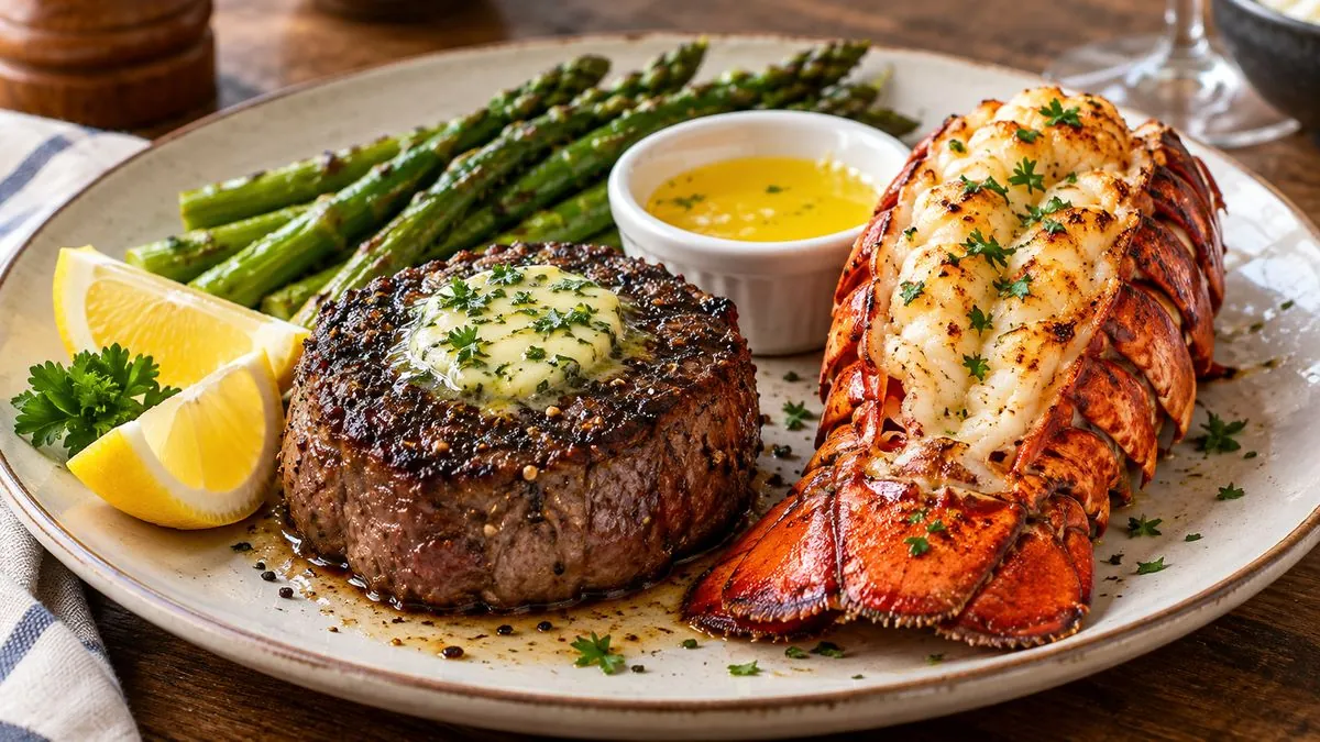 Filet mignon with herb butter and a broiled lobster tail with melted butter, lemon and asparagus