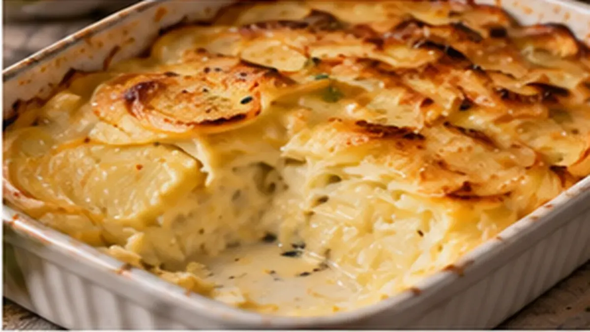 Sliced potatoes baked in a creamy cheese sauce with a golden top, one serving scooped out