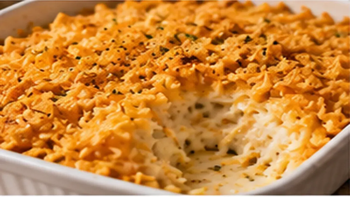 Cheesy hash brown potato casserole with a crunchy corn flake topping, one scoop removed
