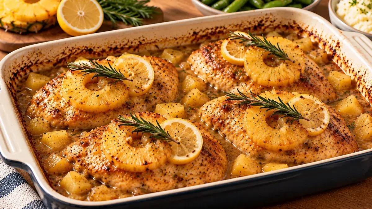 Baked chicken breasts in a Dijon pineapple sauce topped with pineapple rings, lemon slices and rosemary