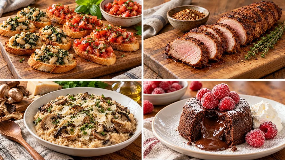 Collage of Sofia and Eric's dinner party: crostini, spice-rubbed pork tenderloin, wild mushroom risotto and molten chocolate cake