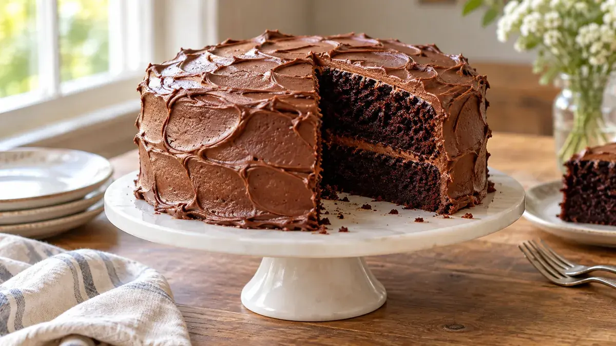 Two-layer chocolate cake on a cake stand with a slice cut out