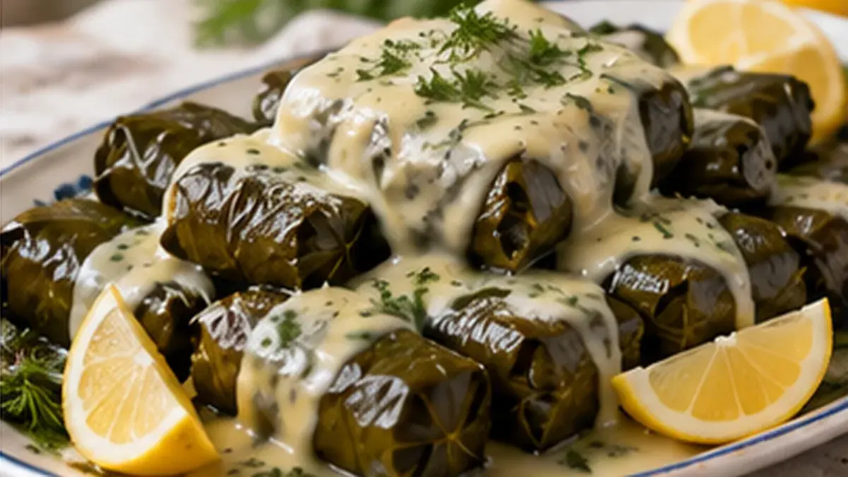 Stuffed grape leaves under egg and lemon sauce on a platter with lemon wedges