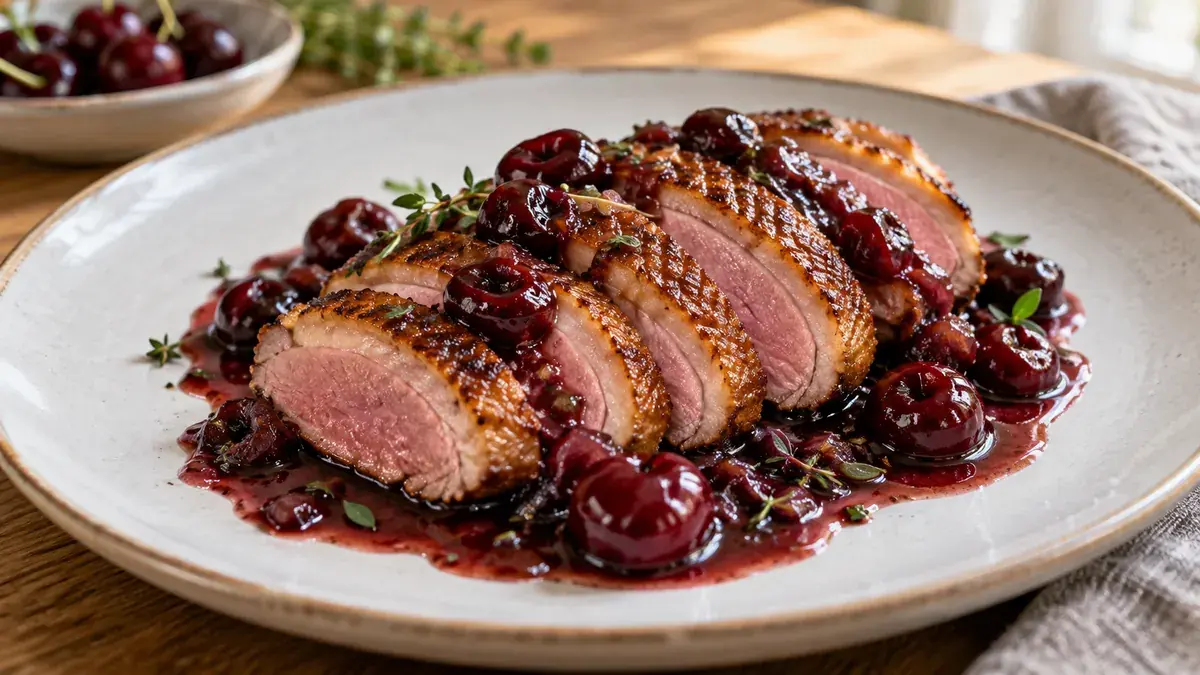 Sliced pan-seared duck breast with crisp skin and a rosy center in a dark cherry sauce