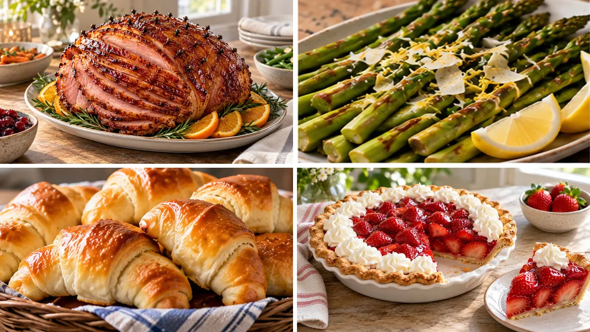 Collage of Easter dinner dishes: glazed holiday ham, roasted asparagus, crescent rolls and fresh strawberry pie
