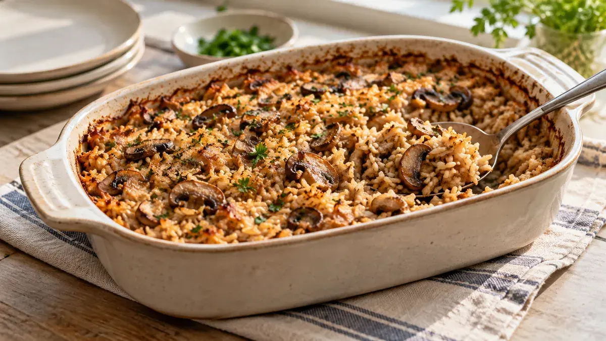 Baked seasoned rice casserole with mushrooms and a serving spoon