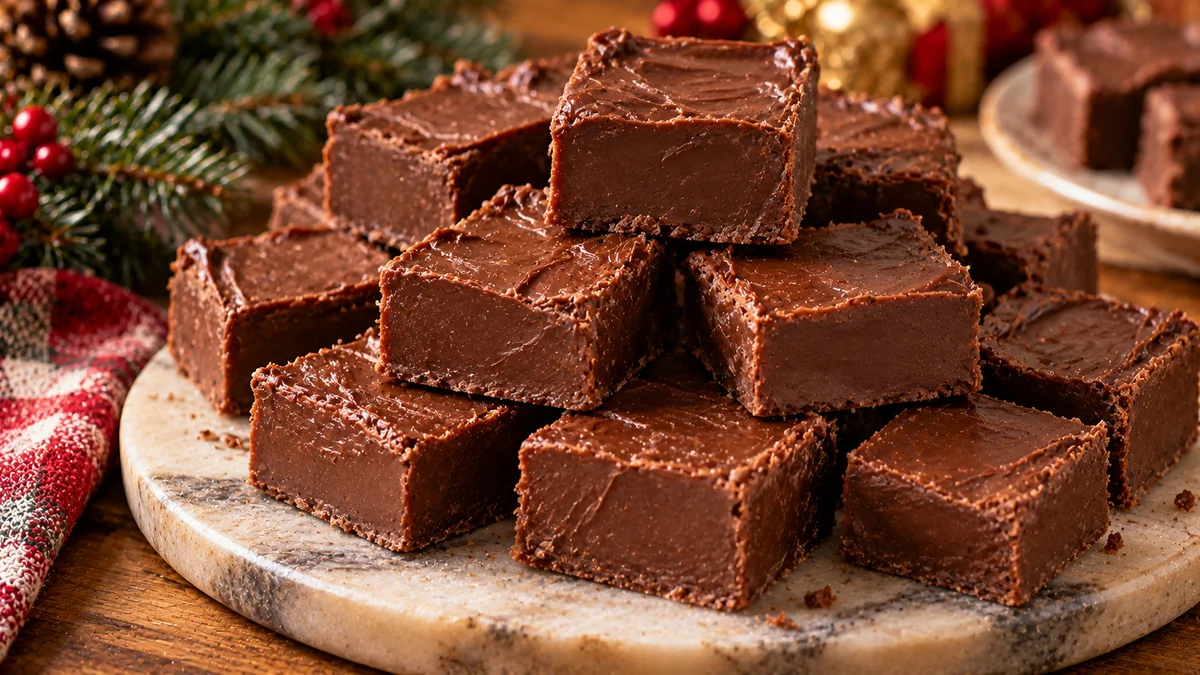Squares of smooth chocolate fudge stacked on a marble board