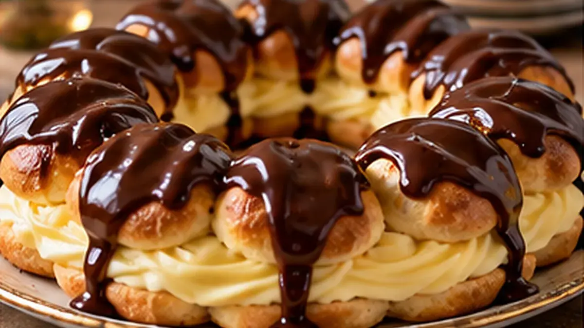 Eclair ring filled with vanilla cream and drizzled with chocolate