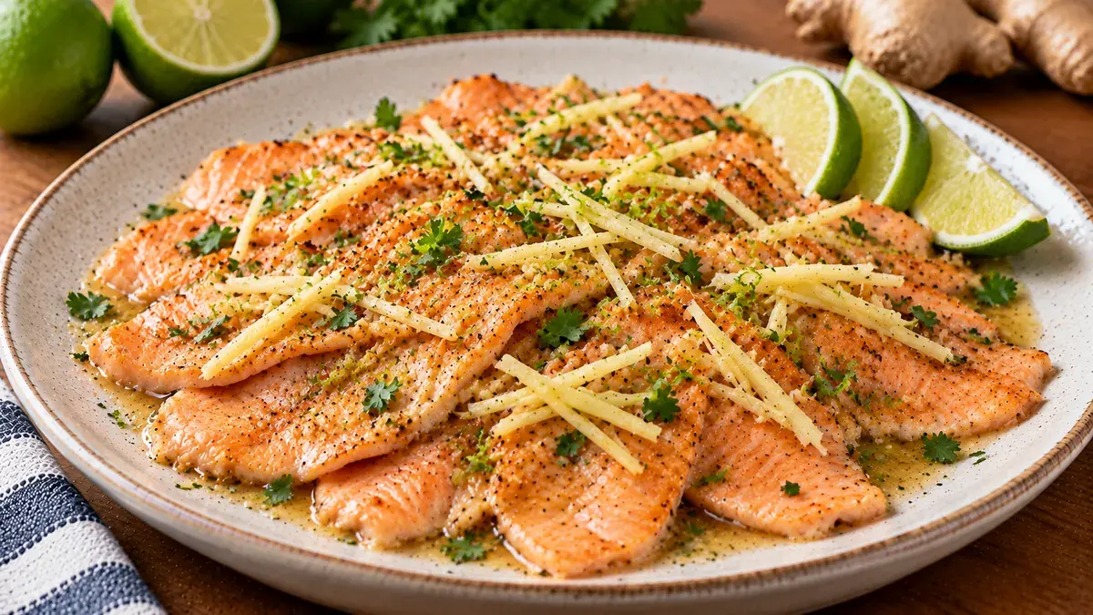 Thin slices of salmon on a plate topped with slivers of fresh ginger and lime