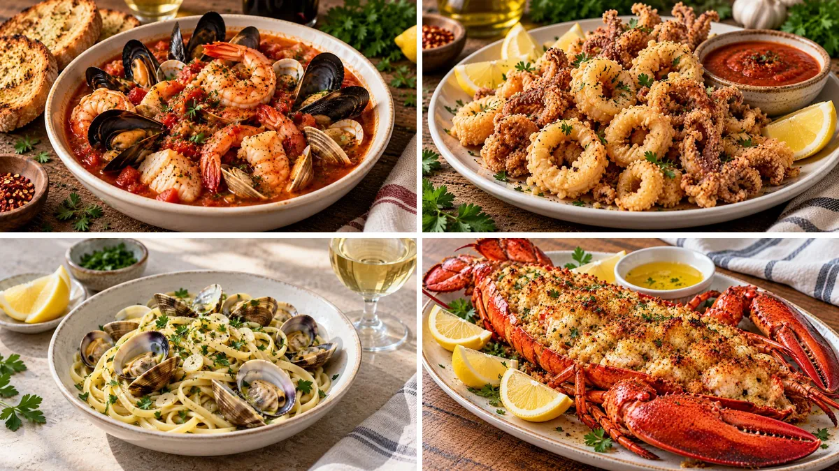 Collage of Feast of the Seven Fishes dishes: cioppino, fried calamari, linguine with clams and baked stuffed lobster