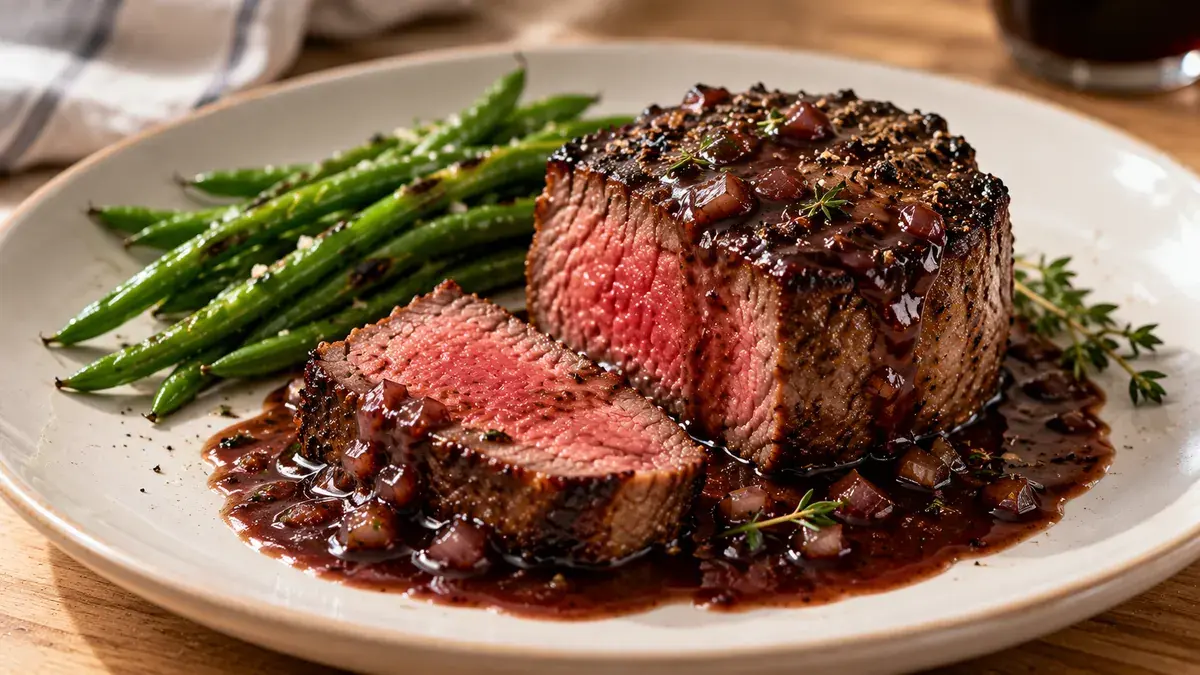 Seared filet mignon in a red wine pan sauce with green beans, cut to show a rosy center