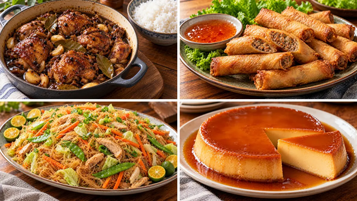 Collage of Filipino dishes: chicken adobo, lumpia Shanghai, pancit bihon and leche flan