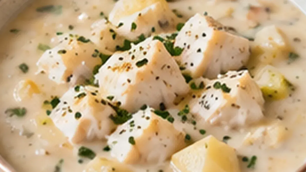 Bowl of creamy New England fish chowder with chunks of white fish and potatoes
