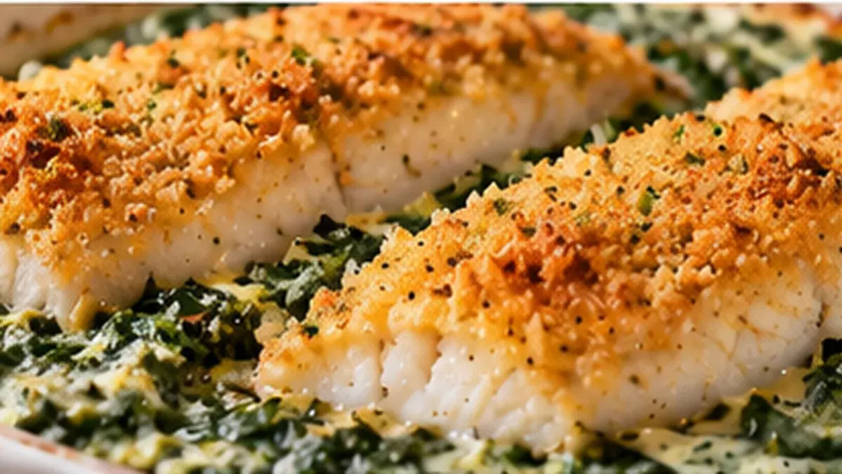 Baked fish fillets with a golden crumb topping over creamy spinach