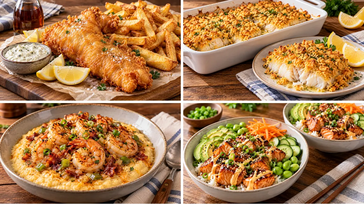 Collage of Fish Friday dinners: beer-battered fish and chips, baked haddock, shrimp and grits and salmon rice bowls