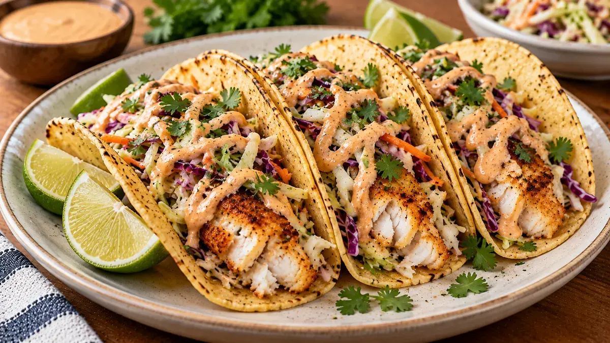 Three fish tacos with seared cod, lime cabbage slaw and chipotle sauce, with lime wedges