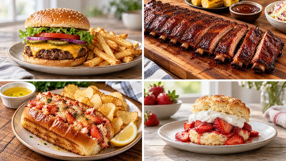 Collage of Fourth of July cookout dishes: grilled burger, smoked baby back ribs, lobster roll and strawberry shortcake