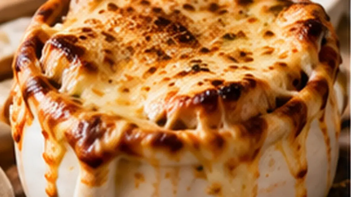 French onion soup in a crock with toasted bread and browned melted cheese spilling over the rim