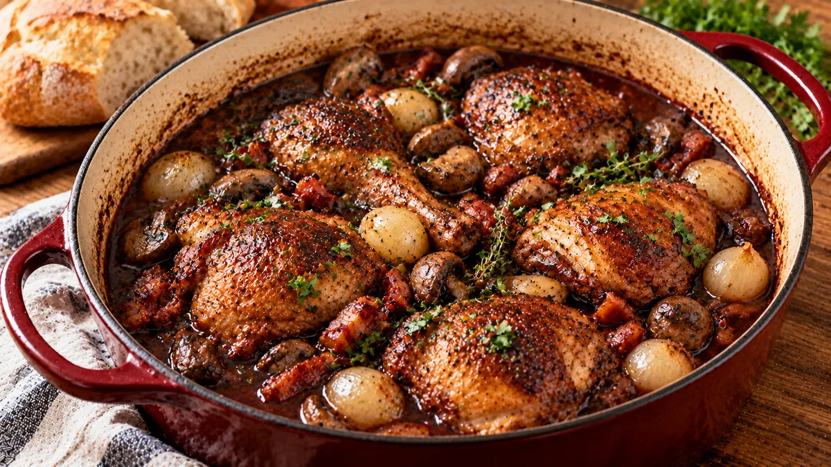 Dutch oven of coq au vin with chicken, pearl onions, mushrooms and bacon
