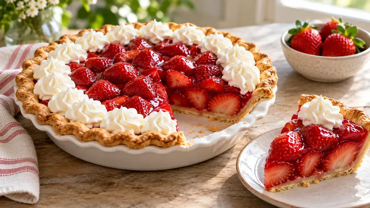 Fresh strawberry pie with glazed whole berries and whipped cream, one slice plated
