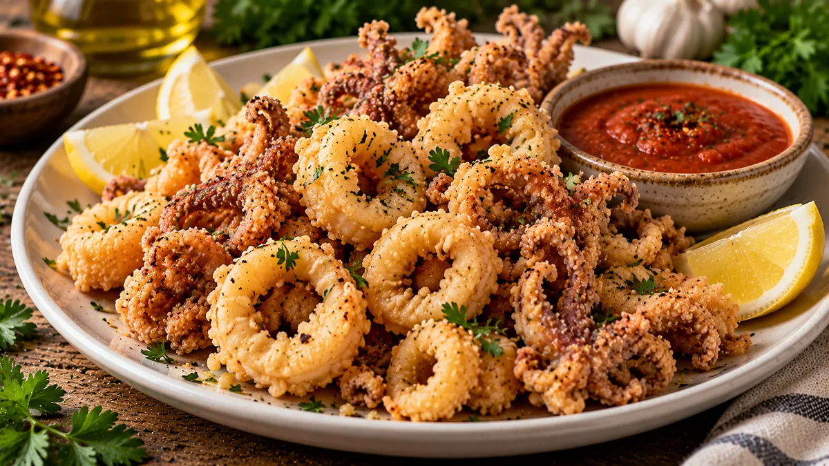 Crispy fried calamari rings and tentacles with marinara sauce and lemon wedges