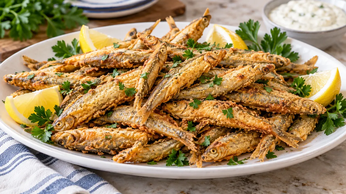 Platter of golden fried whole smelts with lemon wedges and parsley
