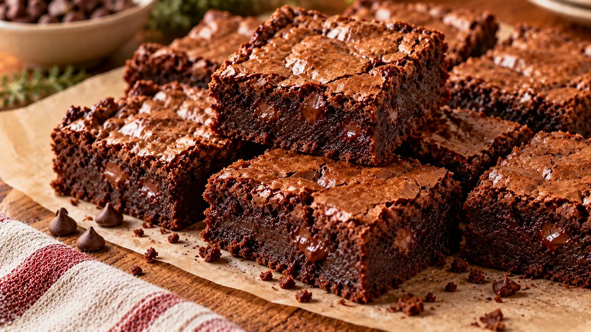 Stack of fudgy brownies with a shiny crackly top