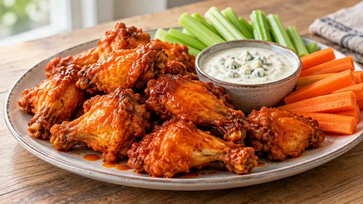 Platter of Buffalo wings with blue cheese dressing, celery and carrots