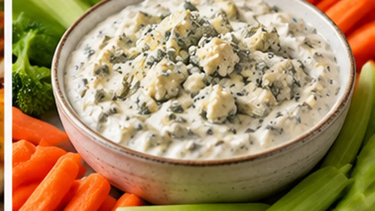 Bowl of chunky bleu cheese dip with carrot and celery sticks