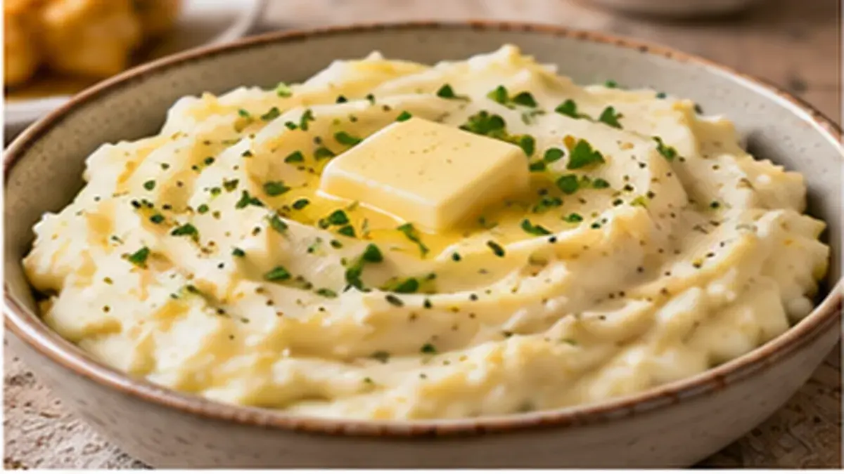 Bowl of creamy garlic mashed potatoes with melting butter and chives