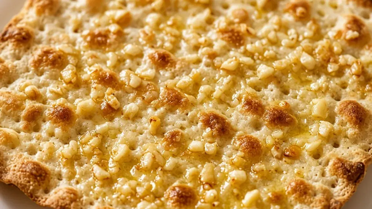 Golden broiled garlic matzah on a white plate