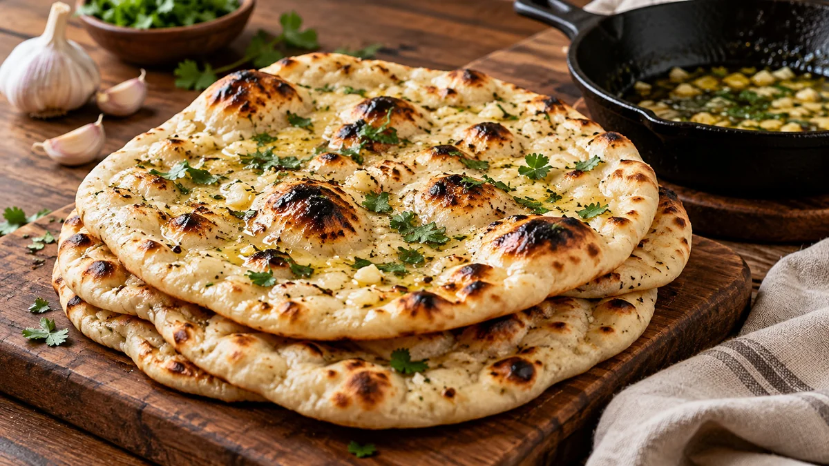 Stack of blistered garlic naan brushed with butter and cilantro