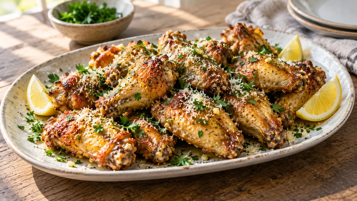 Platter of garlic Parmesan chicken wings with parsley and lemon wedges