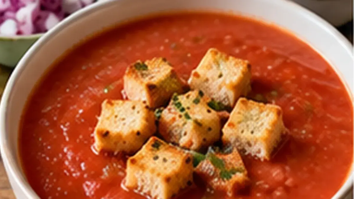 Bowl of chilled red gazpacho topped with croutons, with diced vegetable garnishes