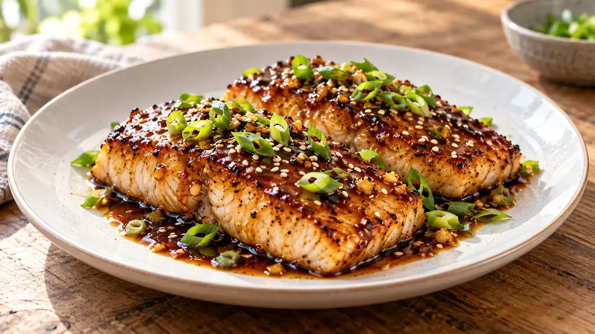 Pan-fried mahi-mahi fillets with a glossy honey-soy ginger glaze, green onion and sesame seeds