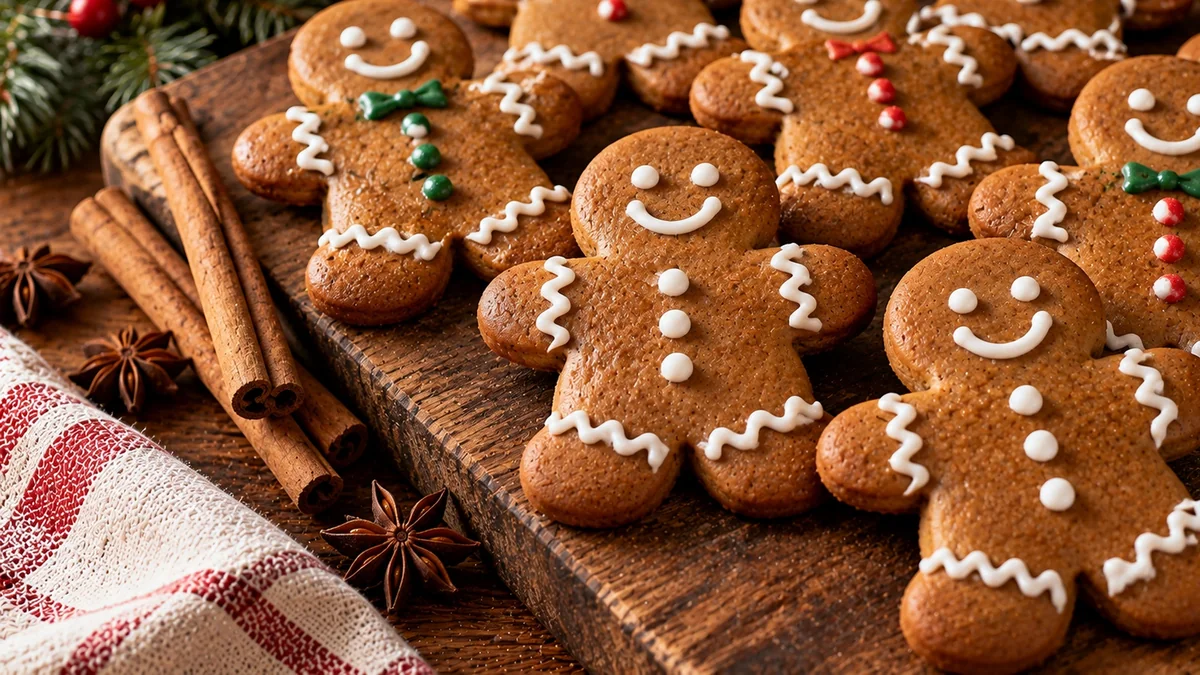Decorated gingerbread people cookies with white icing