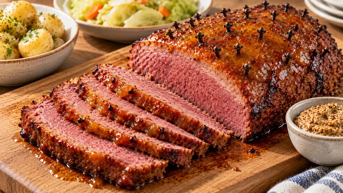 Glazed corned beef studded with cloves, sliced on a board with a pot of grainy mustard