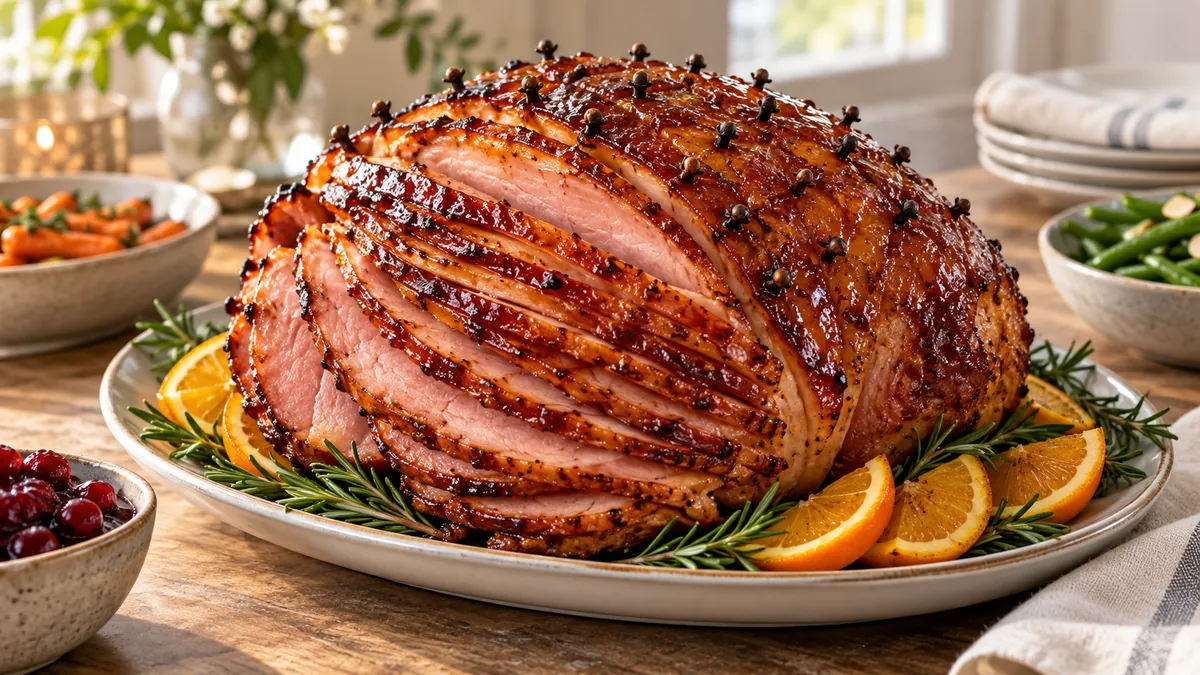 Spiral-cut ham with a glossy brown sugar glaze on a platter with orange slices and rosemary