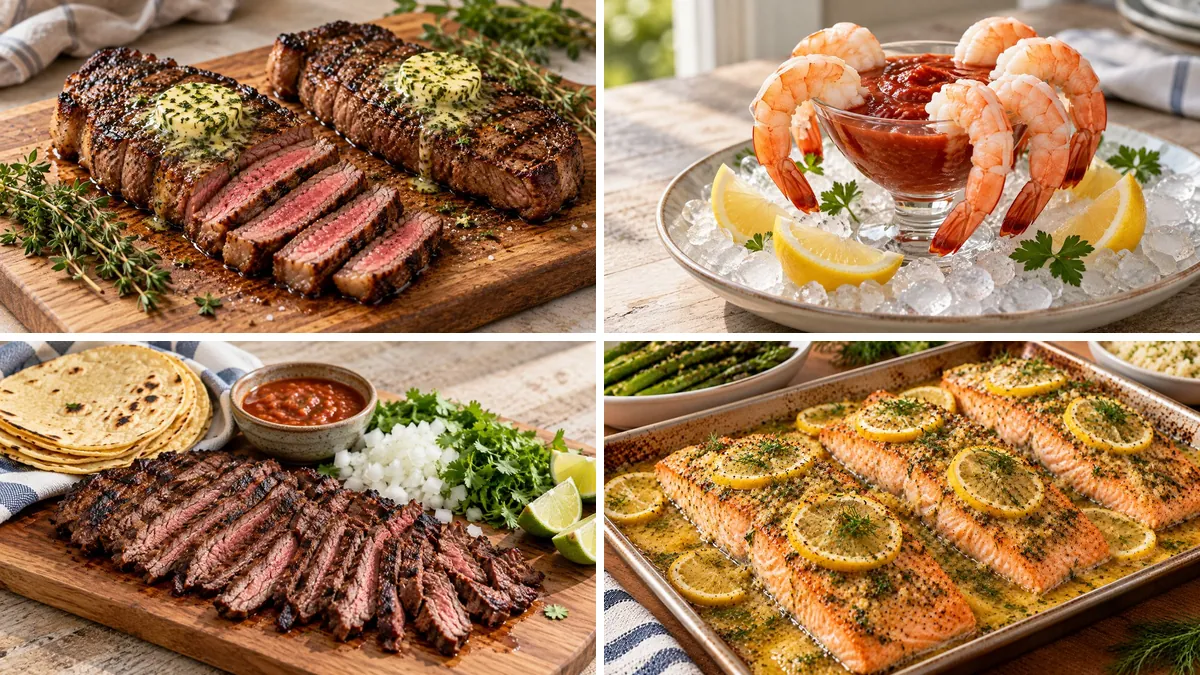 Collage of four Gluten-Free Recipes: Grilled New York Strip with Herb Butter, Classic Shrimp Cocktail, Carne Asada and Lemon Herb Baked Salmon