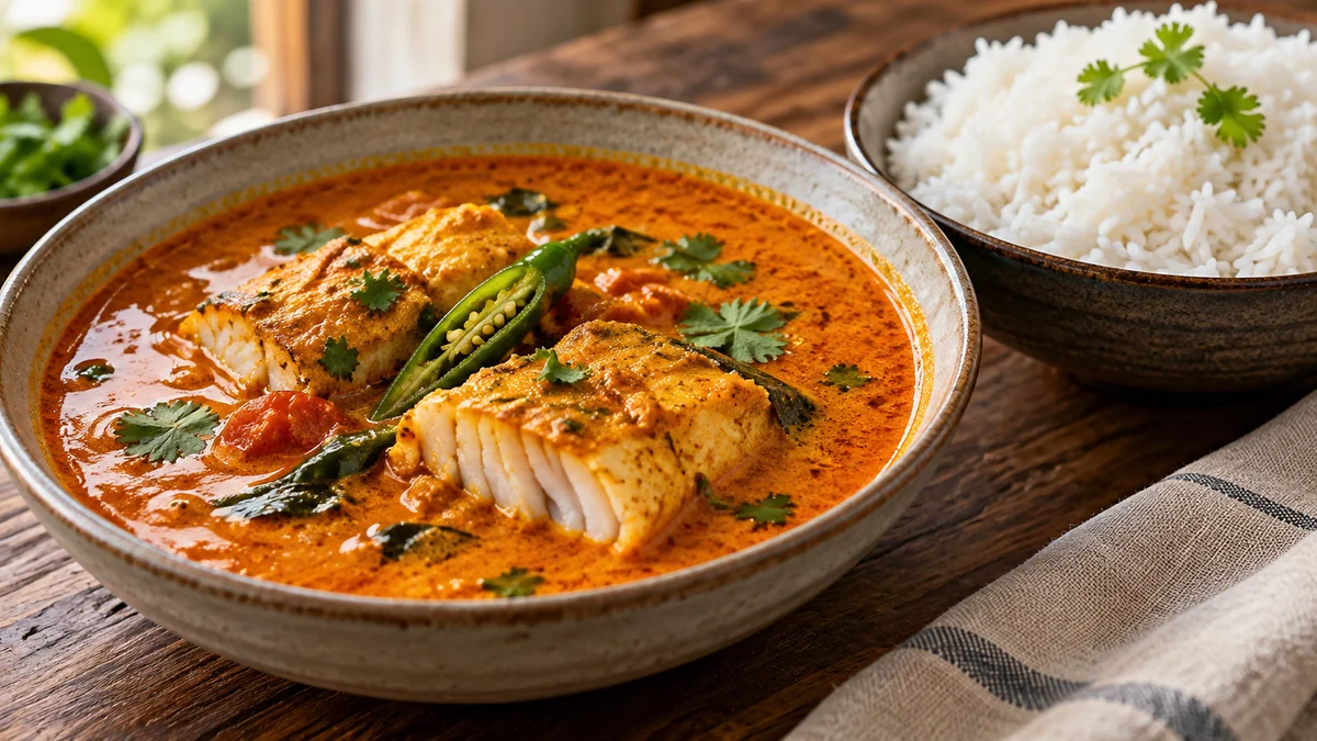Goan fish curry with white fish in red coconut sauce and rice