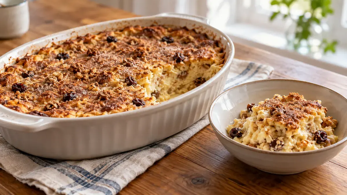 Baked custard pudding with cereal and raisins, one serving in a bowl