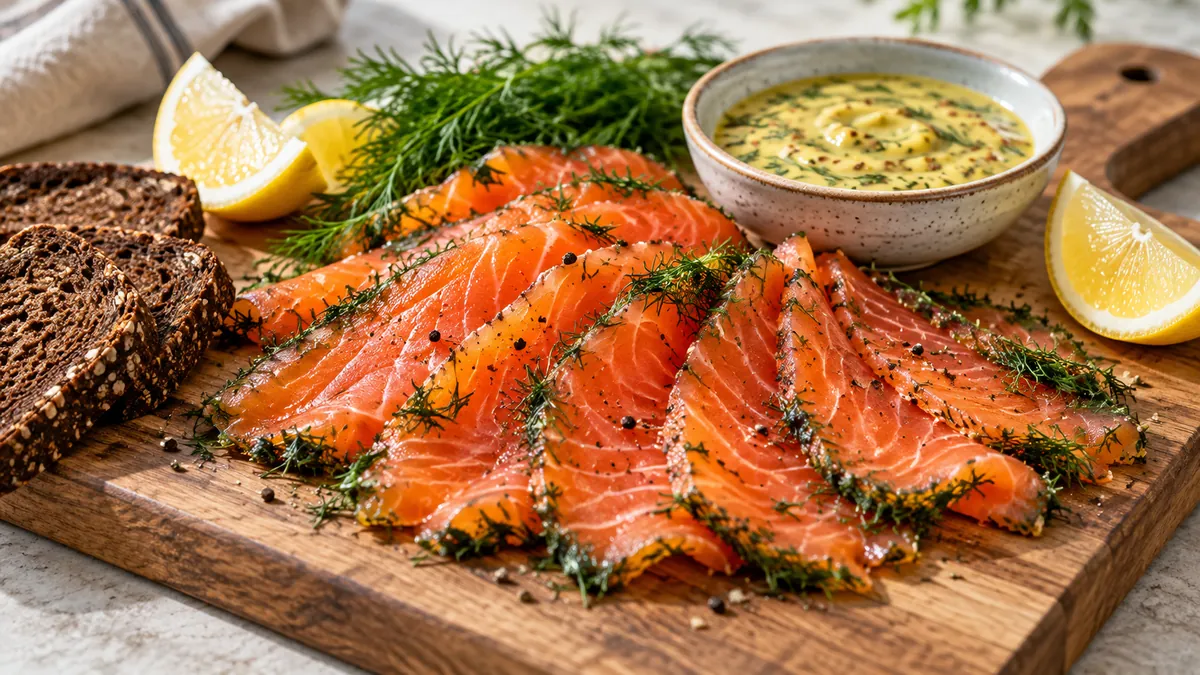 Sliced gravlax on a wooden board with dill, mustard-dill sauce, lemon wedges and rye bread