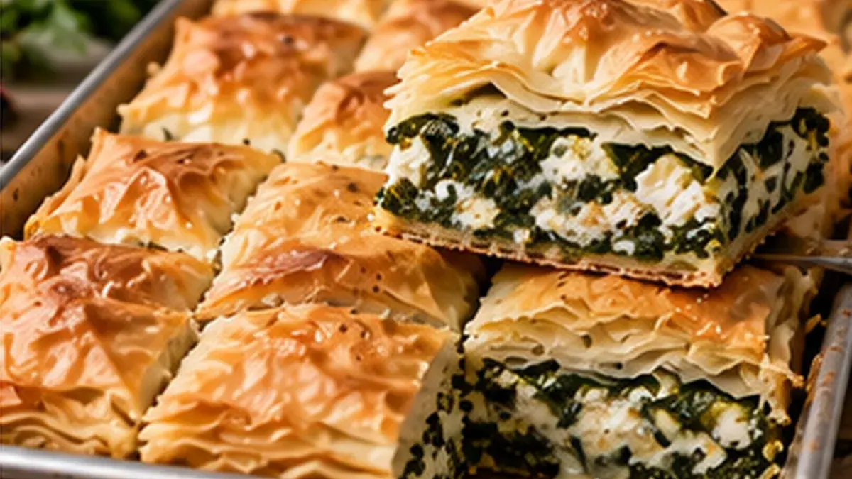 Spanakopita cut into squares showing flaky phyllo and spinach filling