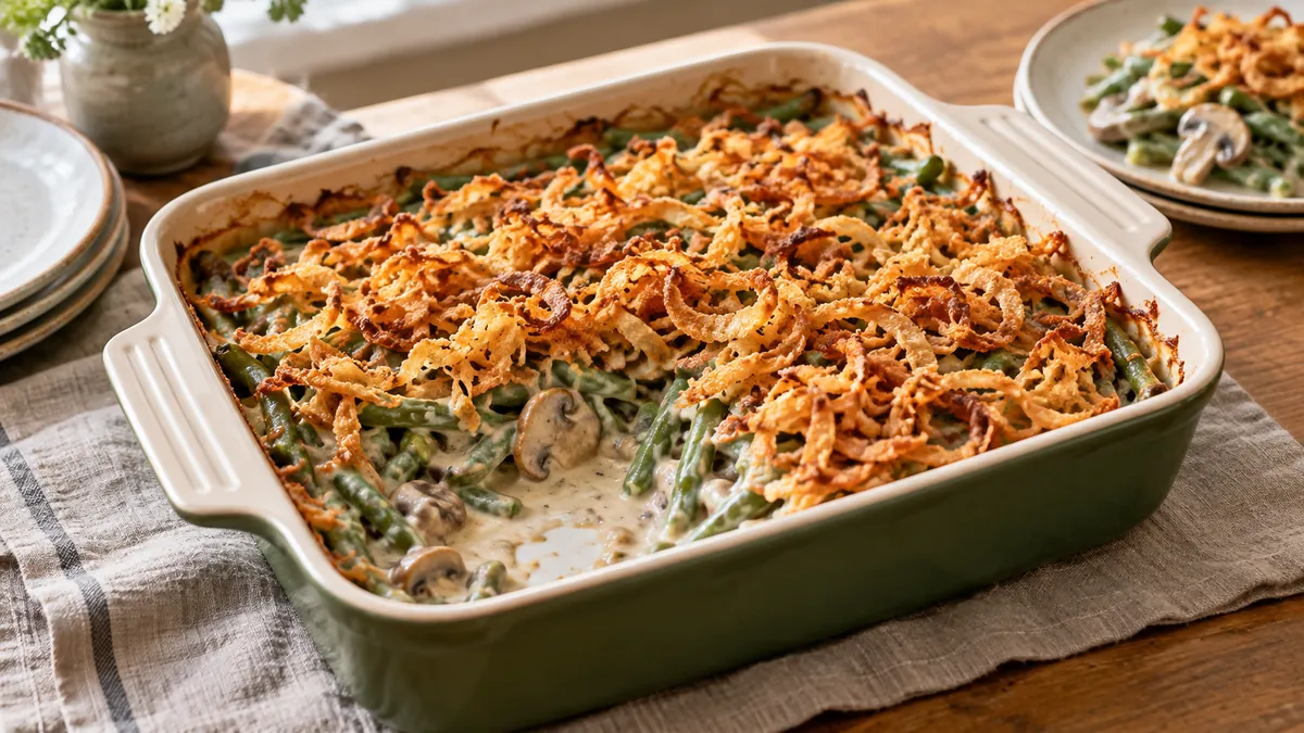 Baking dish of green bean casserole in mushroom sauce topped with crispy fried onions