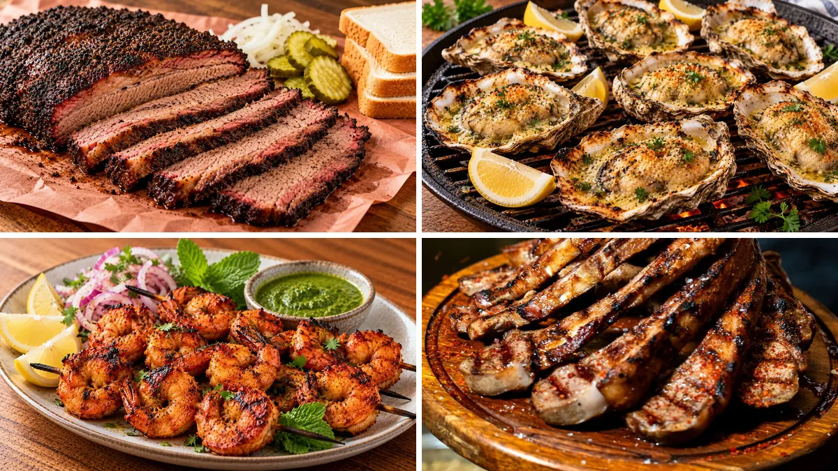 Collage of four Grill and BBQ Recipes: Texas Smoked Brisket, Grilled Oysters with Garlic Butter, Tandoori Shrimp and Grilled Baby Back Ribs with Homemade Barbecue Sauce