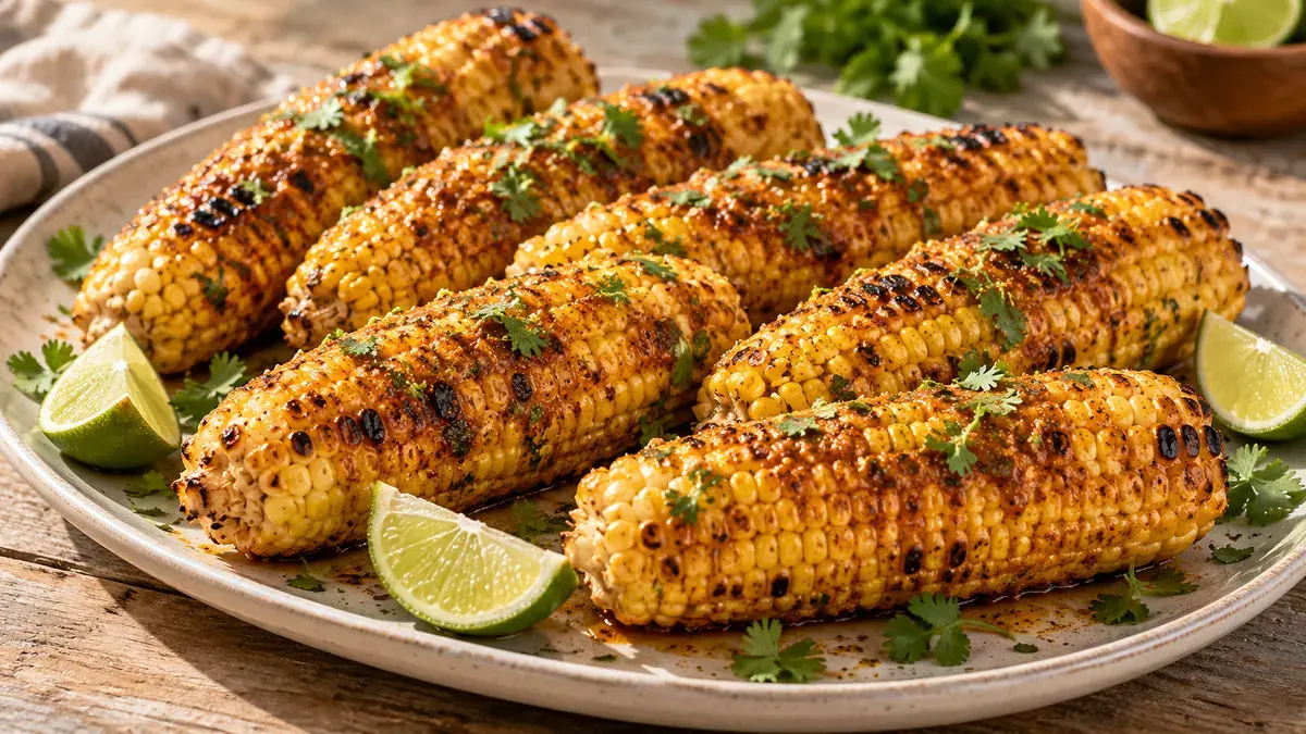 Charred grilled corn on the cob brushed with chili lime butter and cilantro, with lime wedges